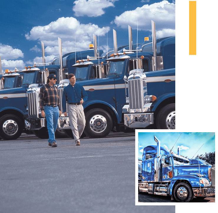 A collage of two men standing next to a large truck.